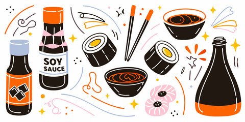 Soy Sauce Bottles And Sushi Rolls Colorful Vector Illustration © Bibhas