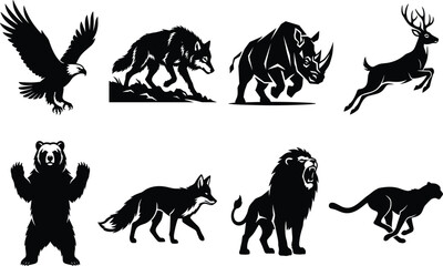 Wild animals vector silhouettes set including eagle wolf rhinoceros deer bear fox lion cheetah icons in image_d2c45c.png © Golam