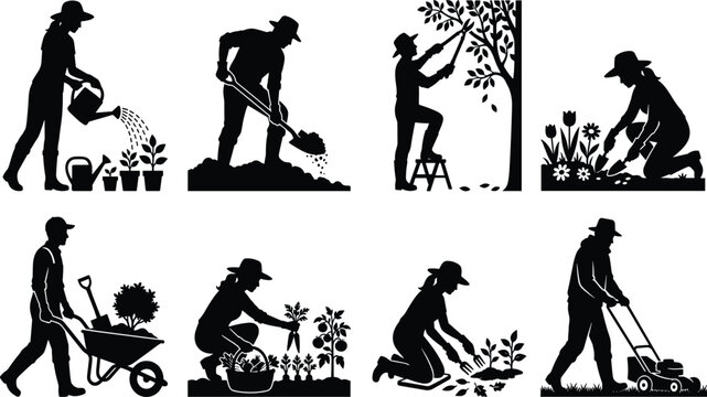 Vector silhouettes set of people gardening including watering plants digging pruning trees planting flowers pushing wheelbarrow and mowing lawn