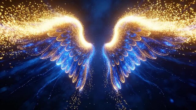 Blue and gold glowing wings with feathered light lines and floating particles