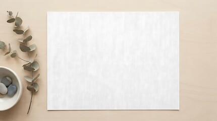 Fototapeta premium Minimalist top view background featuring textured white paper sheet dried eucalyptus sprig and ceramic bowl with smooth river pebbles.
