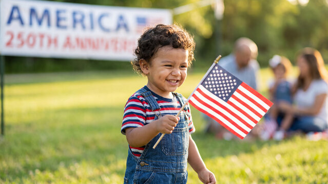 American Independence 250th Anniversary with Hispanic toddler boy waving flag in patriotic outfit for diverse holiday content and celebration marketing materials