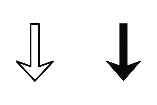Two down arrows, one outlined, one solid black, vector illustration