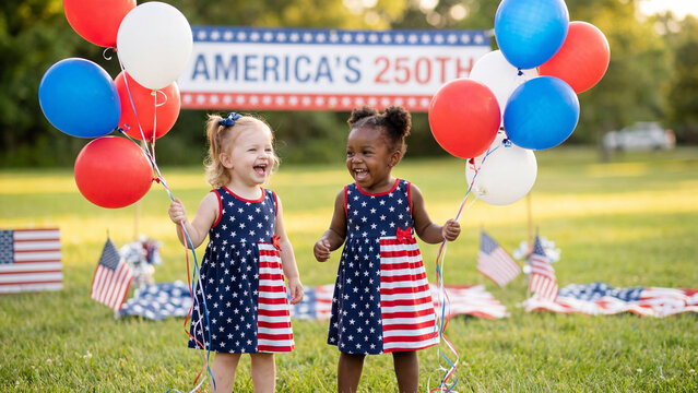 American Independence 250th Anniversary with two diverse toddler girls holding balloons in patriotic dresses for multicultural celebration content and holiday marketing