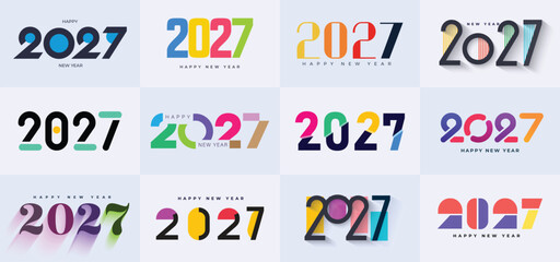 modern set of happy new year 2027 with typography number logo. 2027 new year celebration. 2027 logo. new year 2027 number logo set Vector illustration  © Grap Score 