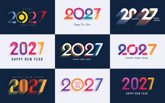 Big Set of 2027 Happy New Year logo text design. 2027 happy new year design elements for invitation, calendar, greeting card, etc. Vector illustration 