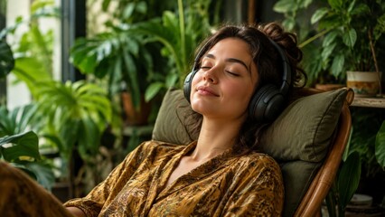 Obraz premium A woman with hair up wearing a brown patterned sweater and large headphones relaxes in a wooden rocking chair in a room full of indoor plants