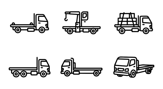 Flatbed Truck Icons, Cargo Van Set, Tow Truck Vector Graphics, Delivery Vehicle Collection