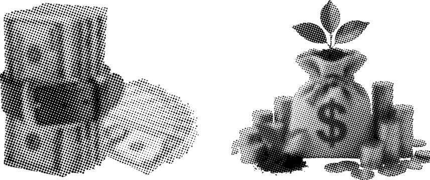 Halftone illustration of a money bag with a plant growing out of it and a stack of cash
