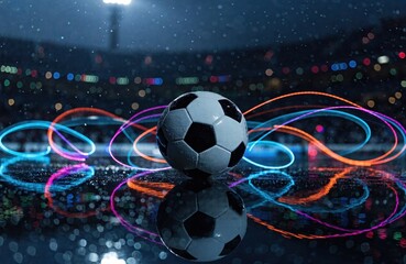 Naklejka premium Dynamic Soccer Ball on Wet Stadium Pitch at Night with Colorful Neon Light Trails and Reflections