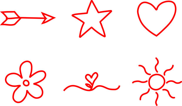 Red line icons of arrow star heart flower sun leaf on white background