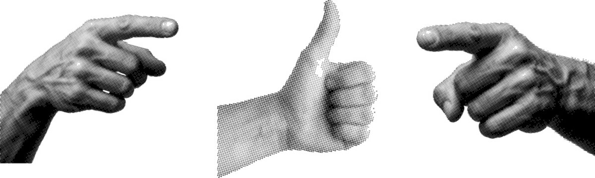 Three halftone hands gesturing with index fingers pointing sideways and thumbs up isolated on white
