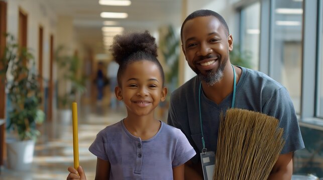 African American male school custodian in work uniform showing young girl age 7 how to use broom in school hallway. Both smiling warmly. Clean corridor background. School staff appreciation, teamwork 