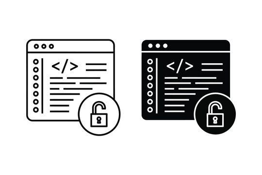Code window with unlocked padlock icon, line and flat vector illustration