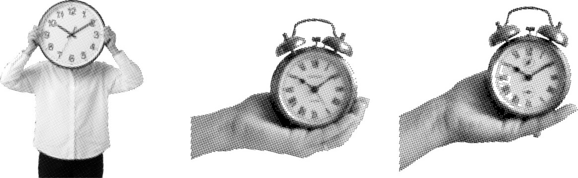 A man holding a clock and hands holding alarm clocks  conceptual time theme