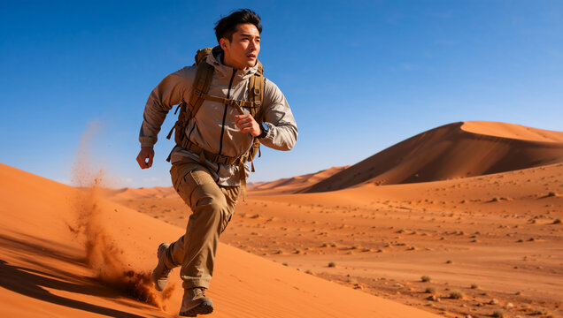 Asian man running on sand dune in desert. Male athlete with backpack sprinting in extreme heat. Outdoor adventure and endurance training concept