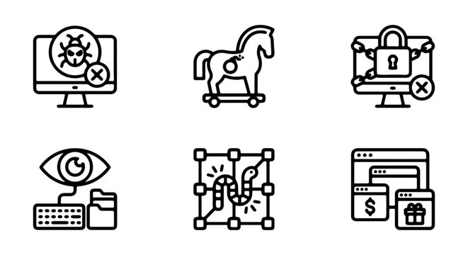 Cyber Security Icons: Virus, Trojan Horse, Lock, Spyware, Worm, Malware Threats