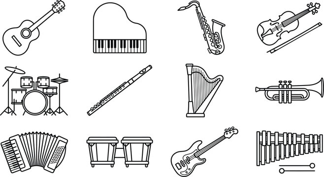 Musical Instruments Minimalist Line Icon Set with Guitar Piano Saxophone Violin Drums Flute Harp Trumpet Accordion Bongo Bass and Xylophone Vector Graphic Designs