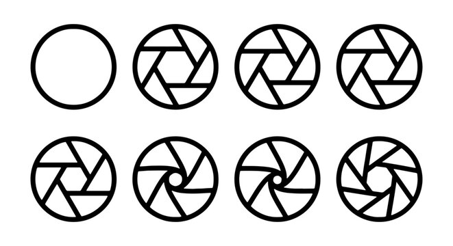 Camera Aperture Icons, Lens Diaphragm Stages, Photography Symbol Set, Vector Graphics