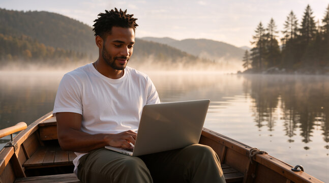 Black man working on laptop in a wooden boat on a misty lake. Digital nomad typing on computer at sunrise. Remote work and outdoor lifestyle concept