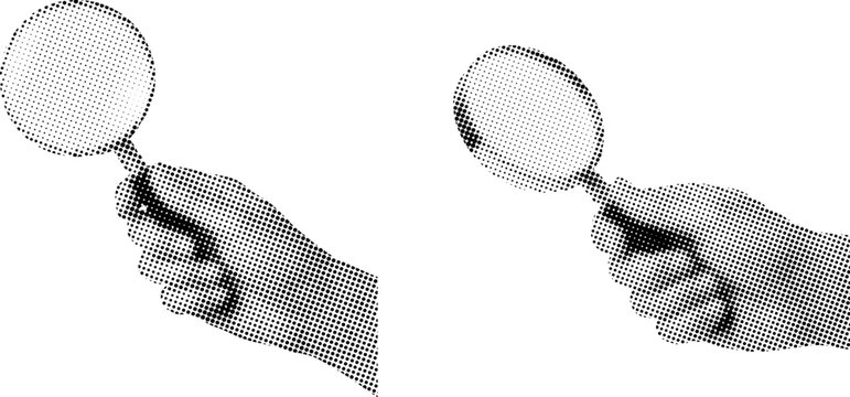 Magnifying glasses with halved hands isolated on white background halftone dot style