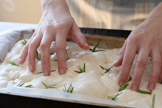 Unrecognizable female's hands gently pressing down on soft, risen dough in a baking tray. Fresh rosemary is placed on top as the baker prepares to create focaccia. Traditional bread making