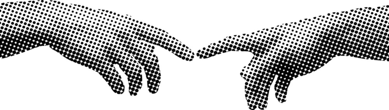 Halftone illustration of two human hands almost touching fingers