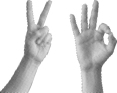 Halftone hands making peace and okay signs isolated on white background