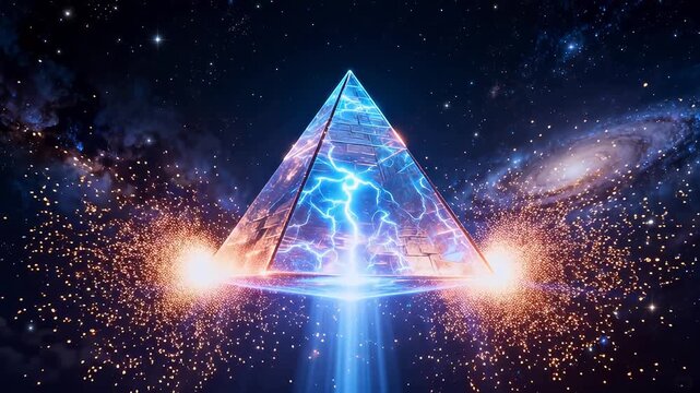 Translucent pyramid with blue lightning inside over starry space background