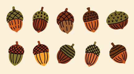Cute hand drawn acorn collection in flat style. Autumn oak acorns set with different cap textures and natural forest elements isolated on neutral background. © Alina Pear