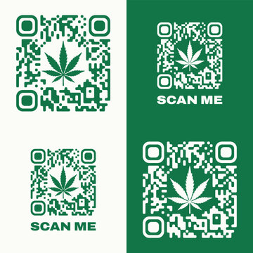 Green QR Code Set with Cannabis Leaf Icons and Scan Me Text Label