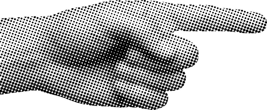 Halftone hand pointing to the right with index finger extended