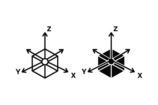 3D coordinate system vector, isometric axes, line art and solid fill