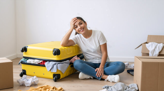 Smiling young woman sitting on floor next to overpacked yellow suitcase. Happy female packing clothes for travel or moving house. Relocation concept