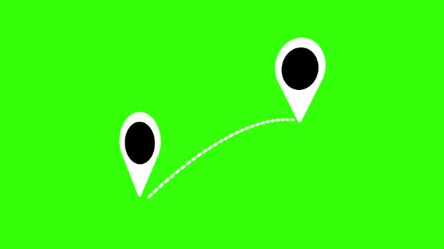 Two location pin icons connecting with a white dashed route line animation on a green screen background representing map navigation GPS tracking and destination travel