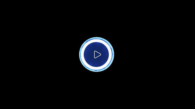 Glowing blue play button icon animation with neon circle rings on a solid black background representing media player start video stream and digital technology interface