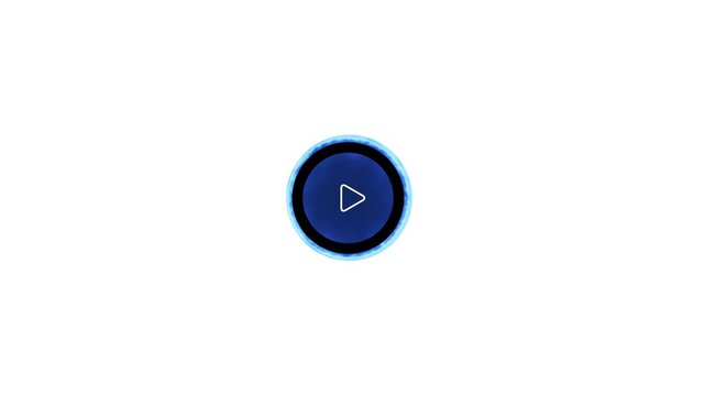Glowing blue play button icon animation with neon circle rings on a solid white background representing media player start video stream and digital technology interface