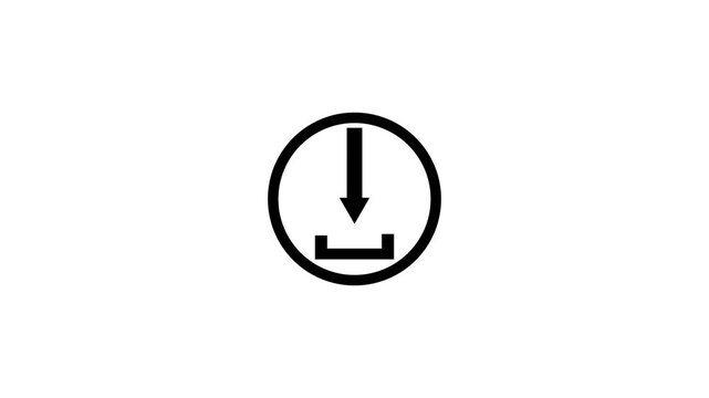 Black download icon animation inside a circle on a solid white background representing digital file transfer cloud storage loading process and internet data receive