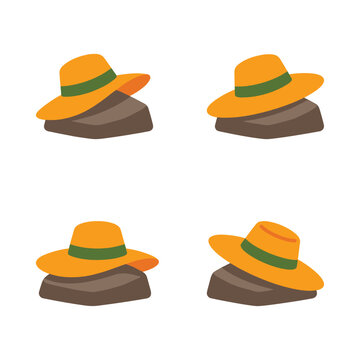 Four Pixel Art Orange Summer Sun Hats Resting On Brown Stones Isolated On A White Background