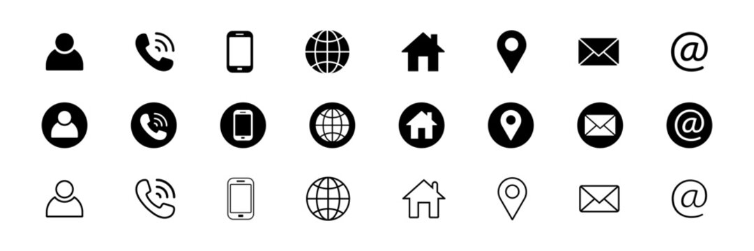 Business card icon or Contact information set for company, name, phone, mobile, place, location, mail, website and message icon set for template. vector illustration