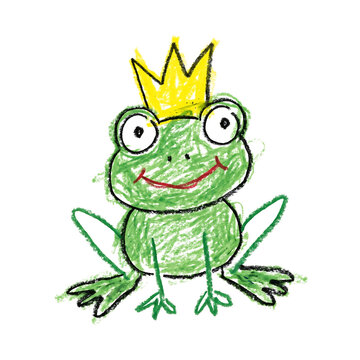 A green frog wearing a yellow crown isolated on transparent background