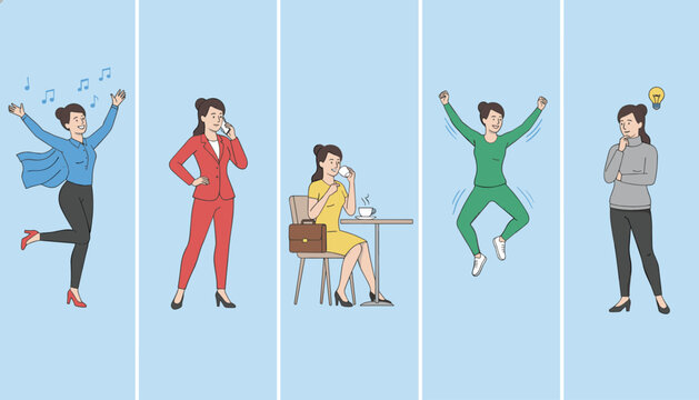 Active woman manages different daily routines including dancing, working, drinking coffee, exercising, and creative thinking.