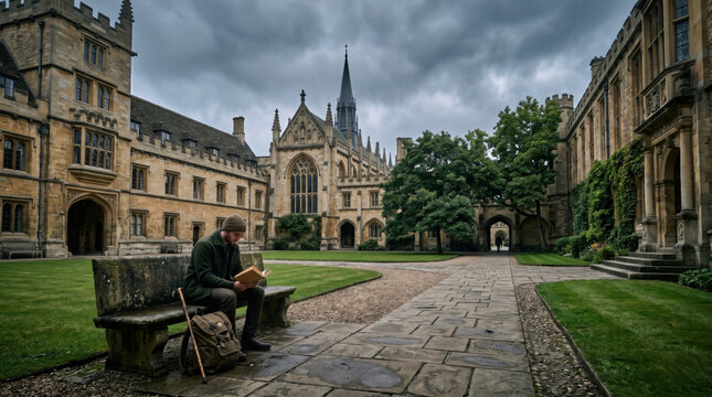 A student sits on a stone bench reading a book in a historic university courtyard surrounded by Gothic architecture and dramatic storm clouds, evoking scholarship, reflection, and academic life.