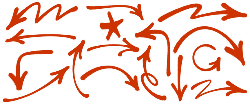 Urban aerosol spray paint arrows bundle. Distressed red pointer shapes template with messy realistic ink drops splatter for hardcore streetwear apparel graphic presentation design asset clip art.