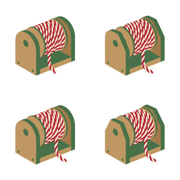 Isometric Pixel Art Set Of Four Wooden Spools With Red And White Twine String Against White Background