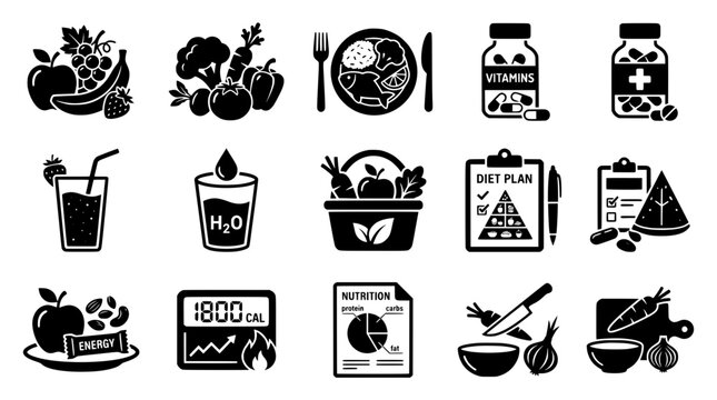 Healthy eating and diet planning icons set with fresh food nutrition facts and meal prep symbols