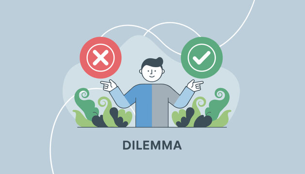 Young man facing a business dilemma as he chooses between wrong red cross mark and correct green checkmark.