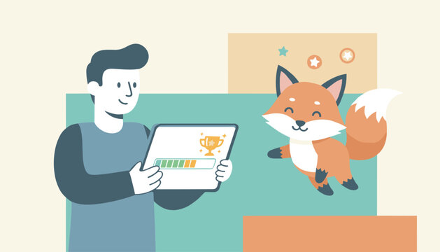 Mobile app game developer testing a gamified tablet application featuring a cute animated fox companion.