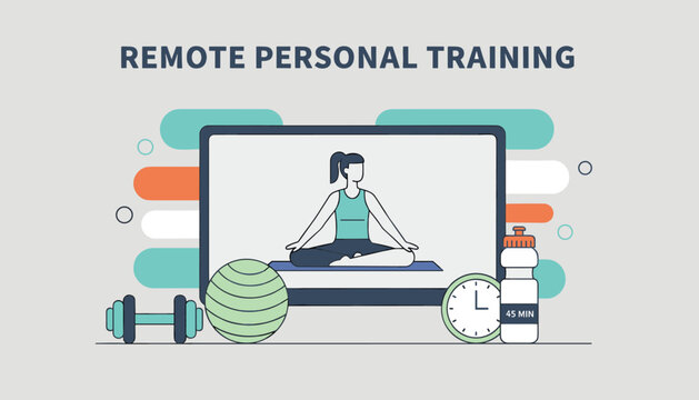 Remote personal training concept featuring online fitness video yoga lessons on a desktop computer screen.