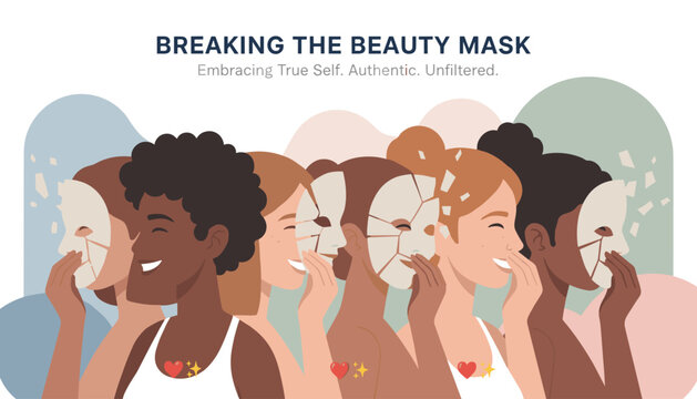 Diverse women breaking their beauty masks to embrace their authentic unfiltered selves and true inner happiness.
